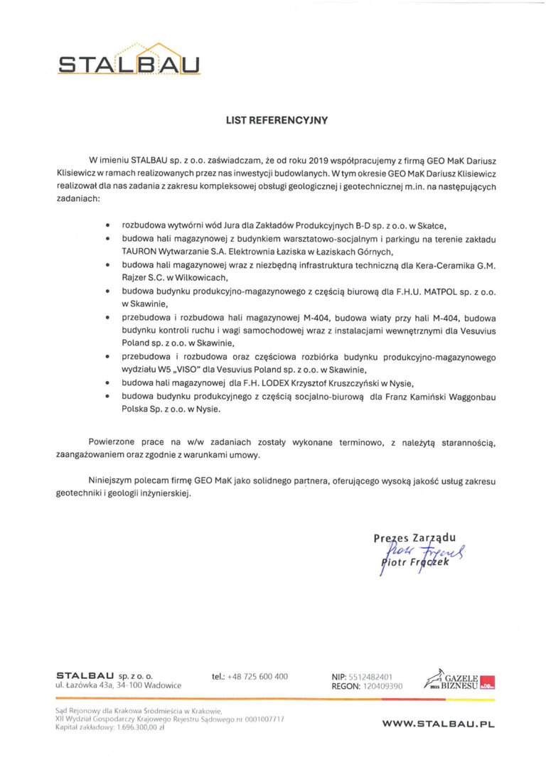 Referencja STALBAU sp. z o.o. dla firmy GEO-MaK